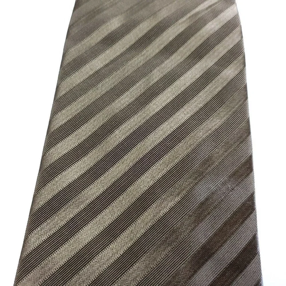 XMI Atkinsons Woven‎ Striped Green Beige Short Wide Silk Wool Tie